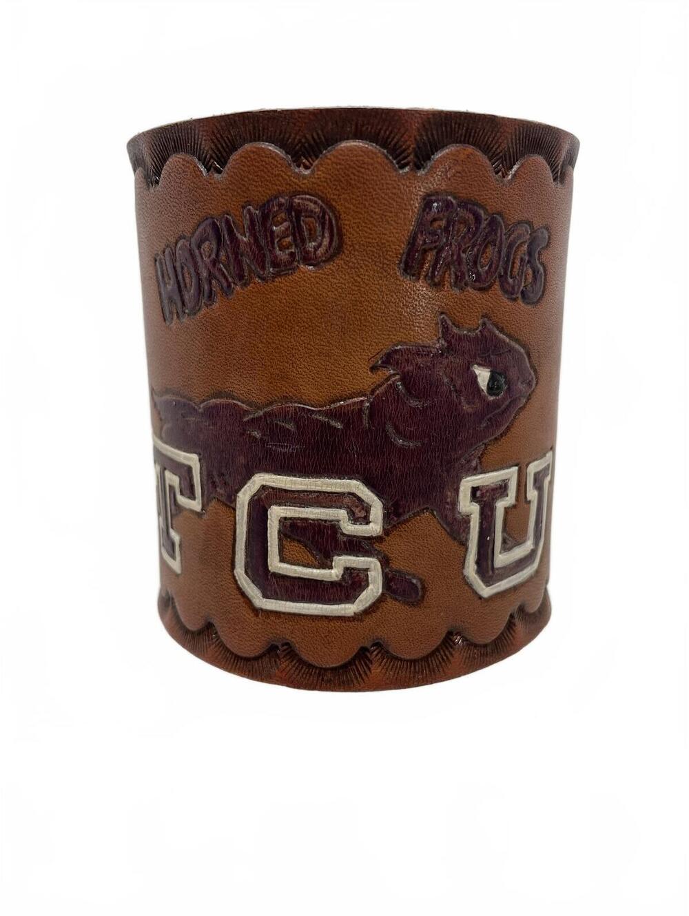 Vintage Handmade TCU Horned Frogs Leather Highball Glass Sleeve with Handle